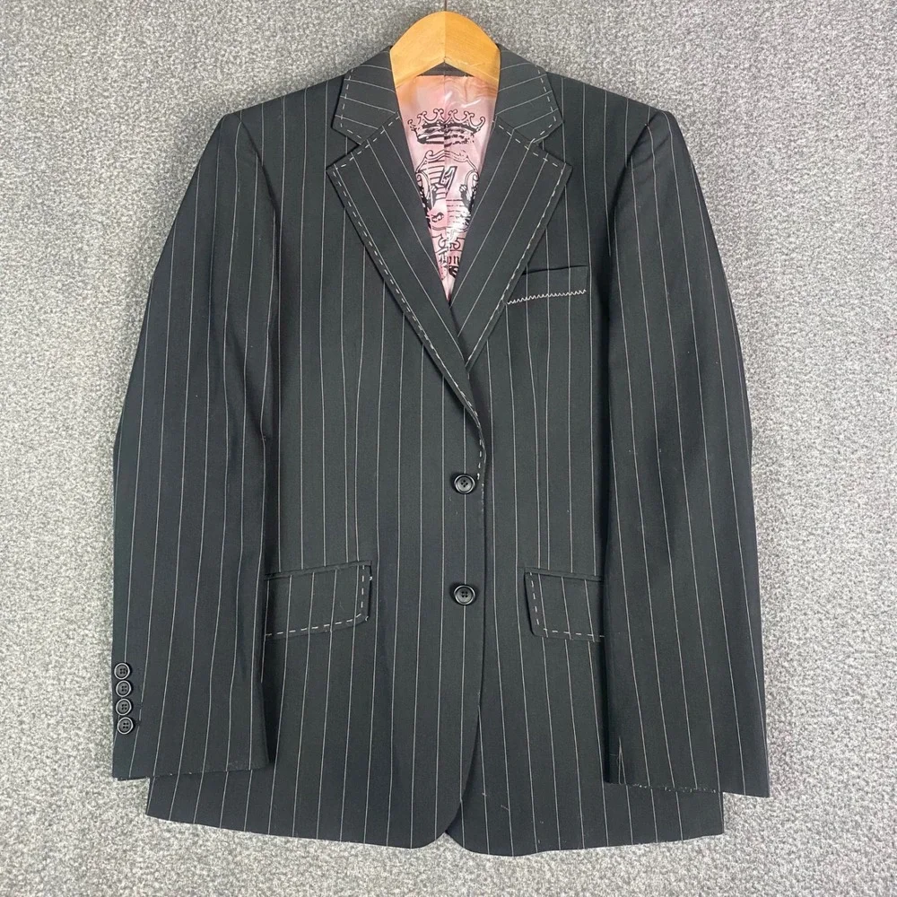7 Diamonds Mens Blazer S Black Pinstripe‎ Clapton Pink Lining Contrast Stitch